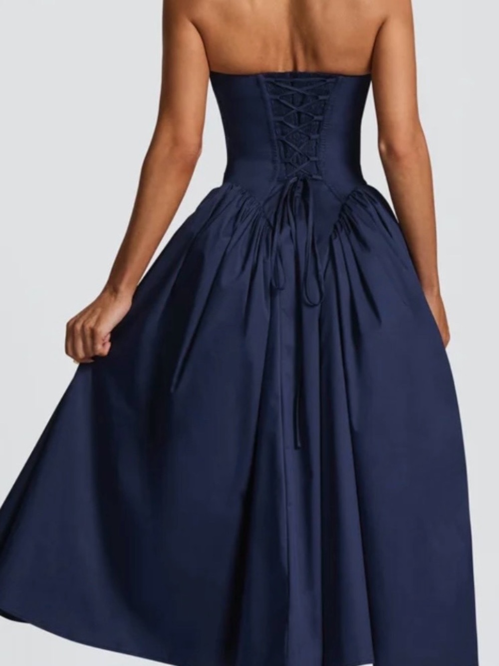 Strapless Navy Lace-Up Corset Midi Dress